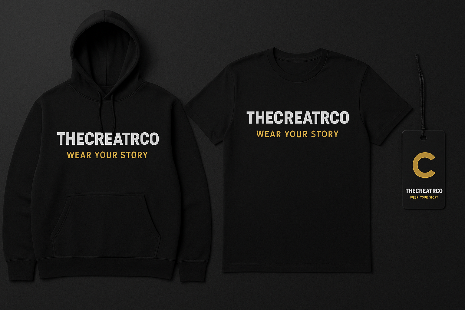 Black hoodie and t-shirt with 'THECREATRCO' branding on a dark background