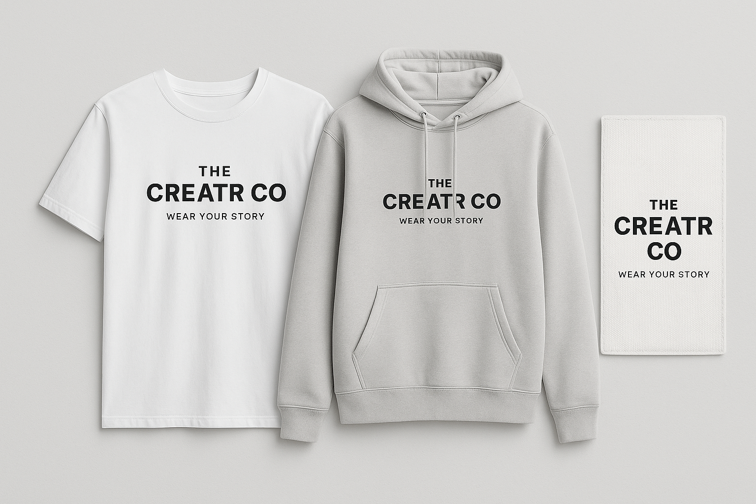 White t-shirt and gray hoodie with 'The Creatr Co' branding on a light gray background